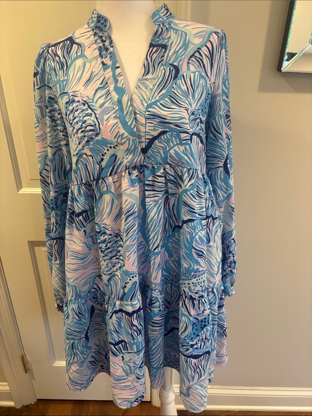 Lilly Pulitzer Blue & Pink Swirl Print Long-Sleeve Tiered Dress